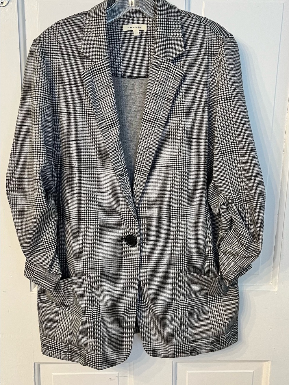 Max Studio Blazer Ruched 3/4 Sleeves Black White Herringbone Plaid Size Large